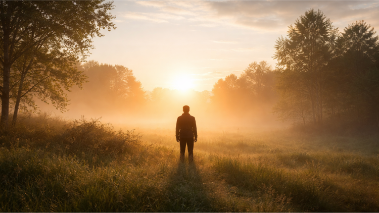 Siluett man står i morgondis naturen